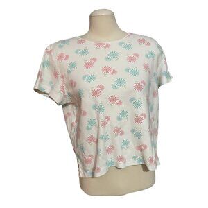 Kim Rogers Vintage White Floral Daisy Baby Tee Shirt Sz Petite Large Womens Pink